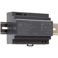 Black MEAN WELL HDR-150-24 power adapter with DIN rail mounting, vented sides, and labeled front panel.