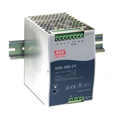 Mean Well SDR-480-48 power adapter with a metallic casing, green terminal blocks for connections, and a ventilation grill on top, designed for 480 W output.