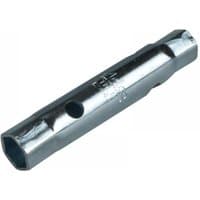 Silver Melco TM11 metric box spanner, 12x14mm, 100mm long, hexagonal ends, central hole for leverage.