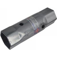 Silver Melco TW26 Whitworth box spanner, hexagonal ends, 1.1/8 x 1.1/4 x 190mm, with British flag sticker.