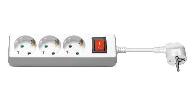White power extension with three AC outlets, a red on/off switch, and a 5-meter cord, designed for convenient electrical access.