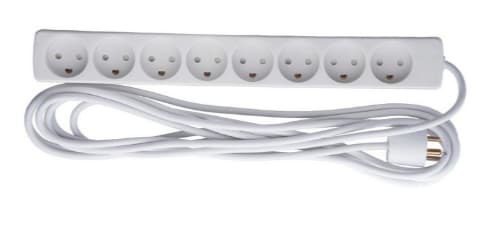 White power extension strip with 8 AC outlets, featuring a 5-meter long cord, designed for indoor use, made of durable plastic.