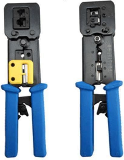 Black cable crimper tool with blue rubber grips, featuring a yellow adjustment lever and multiple crimping slots for various connector types.