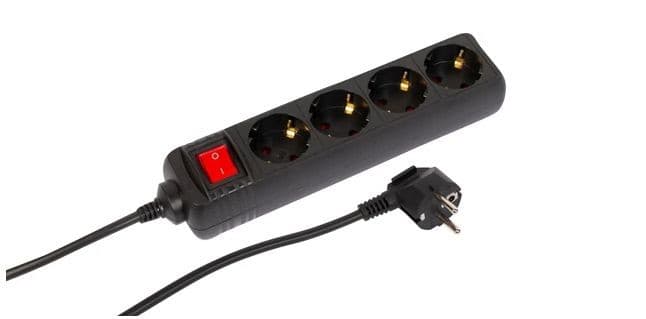 Black power extension with 3 meters of cable, featuring 4 AC outlets, a red on/off switch, and a sturdy plastic housing, designed for indoor use.