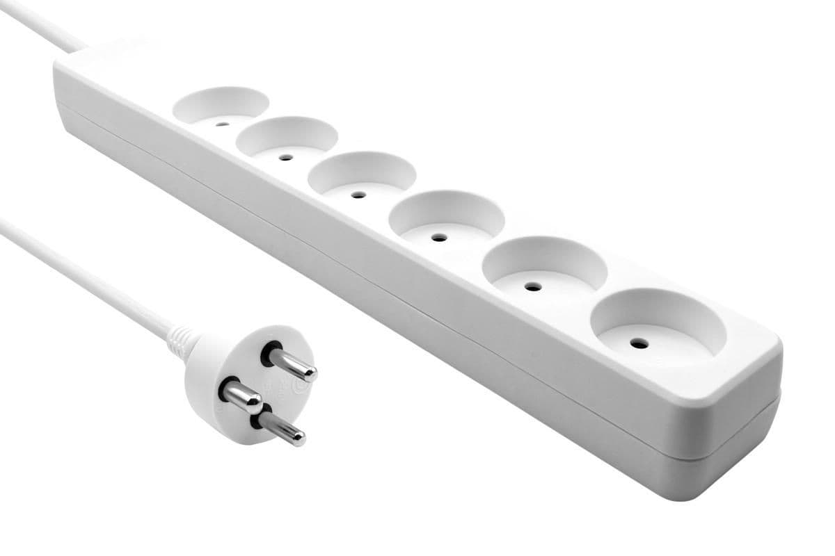 White power extension strip featuring six AC outlets, a durable plastic body, and a 5-meter power cord with a two-prong plug for indoor use.
