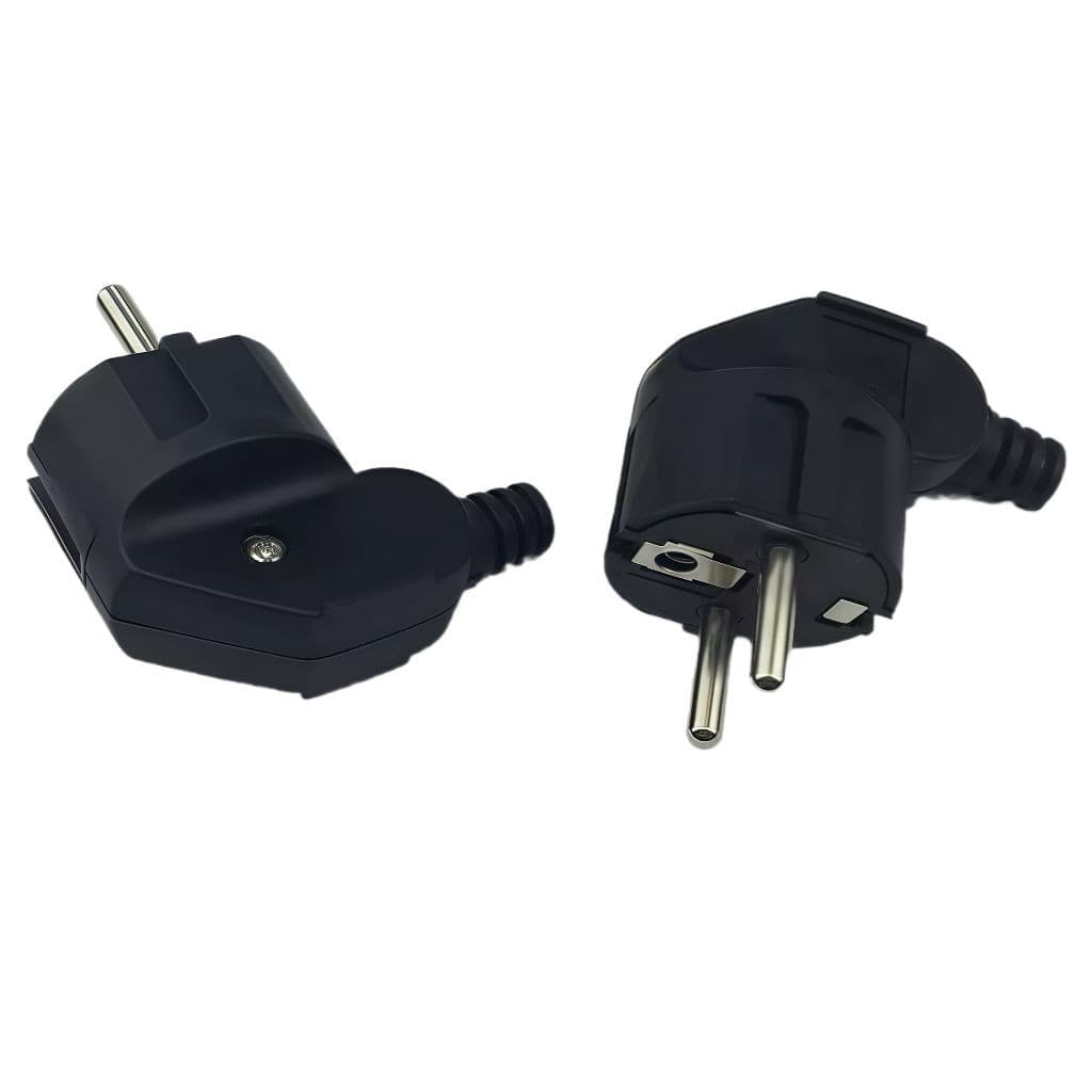 Black angled Schuko power plug featuring two metal prongs, a secure screw, and a compact design for easy connection in tight spaces.