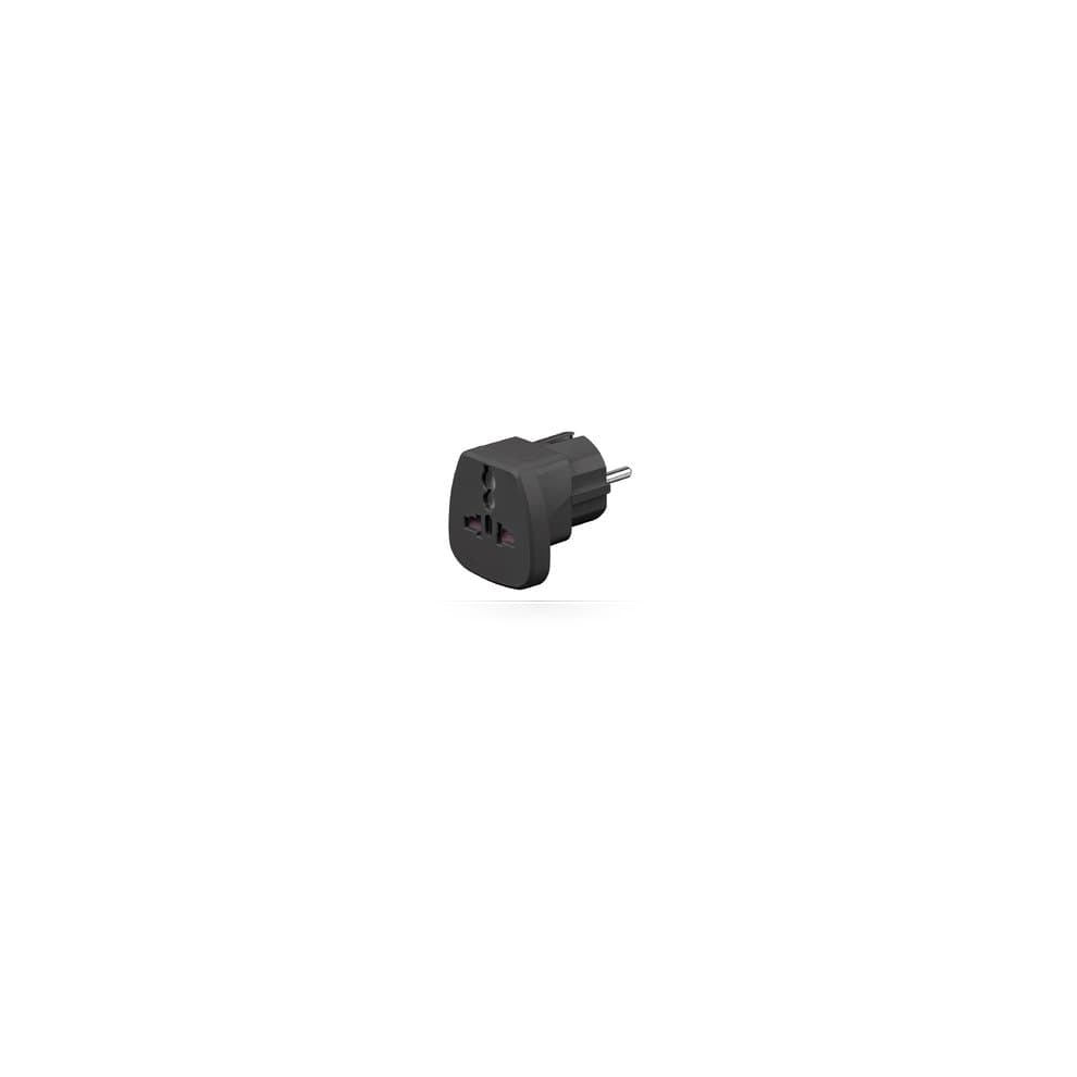 Black Microconnect PETRAVEL-B power adapter/inverter with a compact design, featuring a standard plug and a socket for connecting devices.