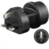 Black Microconnect PETRAVEL1 Type F power plug adapter with three metal prongs and round socket.