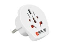 White universal power plug adapter featuring multiple socket types and a compact design, ideal for international travel.