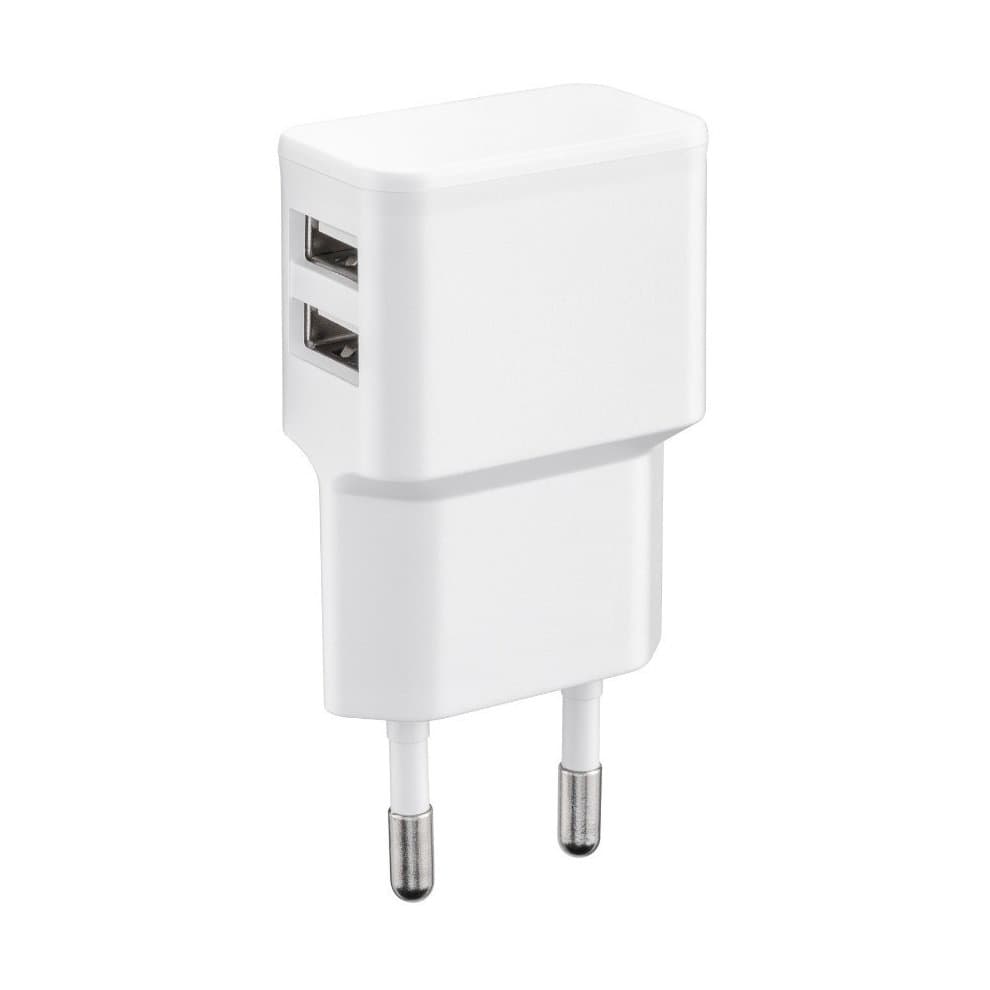 White AC mobile device charger with two USB ports, featuring a compact design and metallic prongs for universal compatibility.