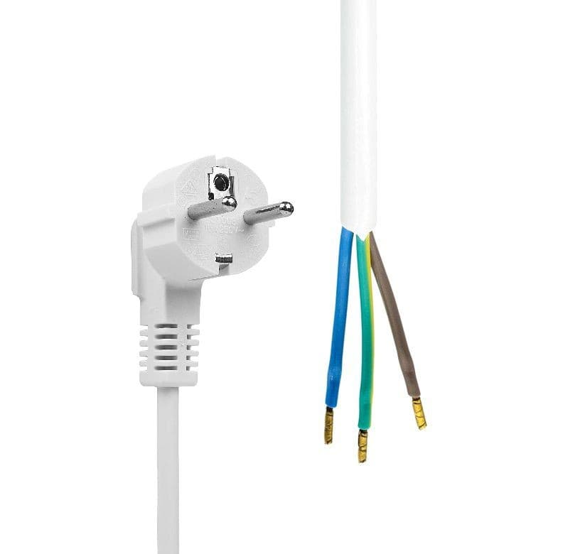 White Schuko plug with two round prongs on one end and three insulated wires (blue, brown, green/yellow) on the other, designed for open-end power connections.