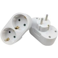 White Microconnect Schuko power splitter with dual sockets and two-prong plug.