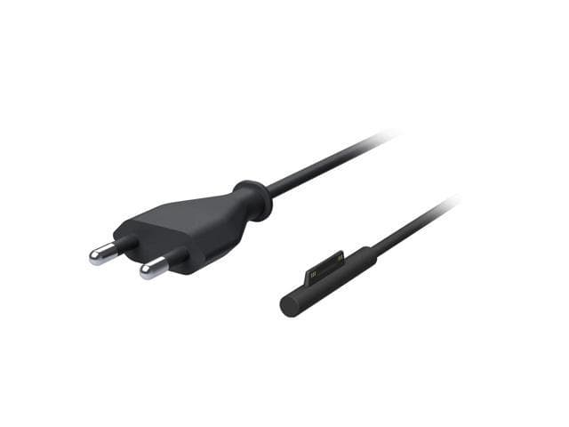 Black 65W power adapter with a two-prong plug and a slim connector, featuring a smooth plastic finish and a long cable for indoor use.