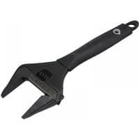 Black Monument wide jaw adjustable wrench, 300mm, with rubber grip handle and hole for hanging.