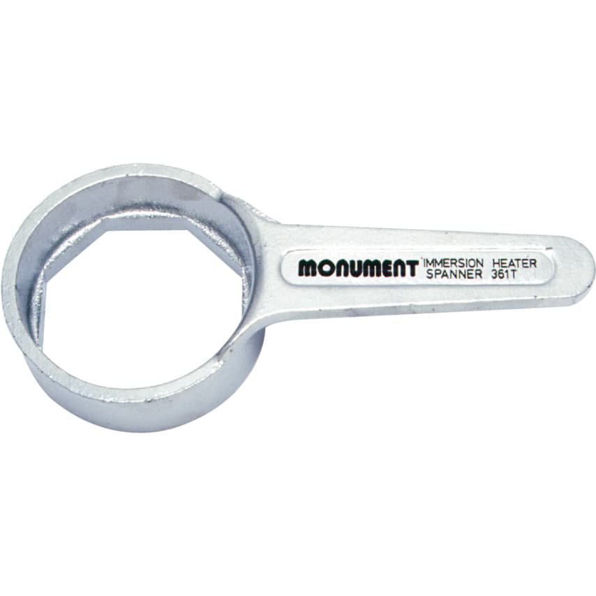 Silver metal spanner with a circular head designed for immersion heater fittings, featuring the engraved text "MONUMENT IMMERSION SPANNER 361T."