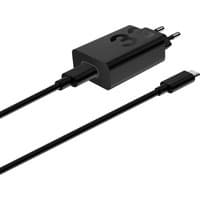 Black Motorola TurboPower 33W EU fast charger with USB-C cable and two-pin plug design.
