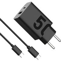 Black Motorola TurboPower 50W AC charger with USB-C cable, sleek design, bold "50" on the side, two-prong plug.