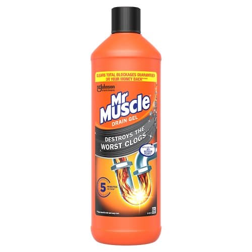 Bright orange plastic bottle of Mr Muscle Sink & Drain Unblocker Gel, 1L, featuring a bold label with blue and white text, highlighting its effectiveness against clogs.