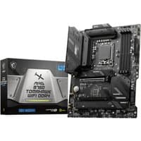 Black MSI MAG B760 TOMAHAWK WIFI DDR4 motherboard with heatsinks, LGA 1700 socket, ATX form, next to branded box.