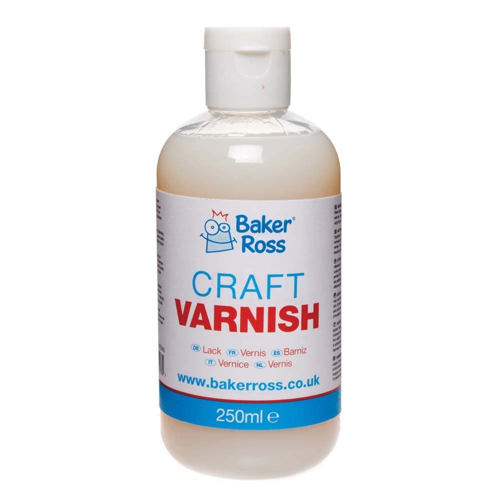 Clear plastic bottle of Baker Ross Multi-Purpose Acrylic Varnish, 250ml, featuring a glossy finish, with a white label displaying "Craft Varnish" in bold red letters.