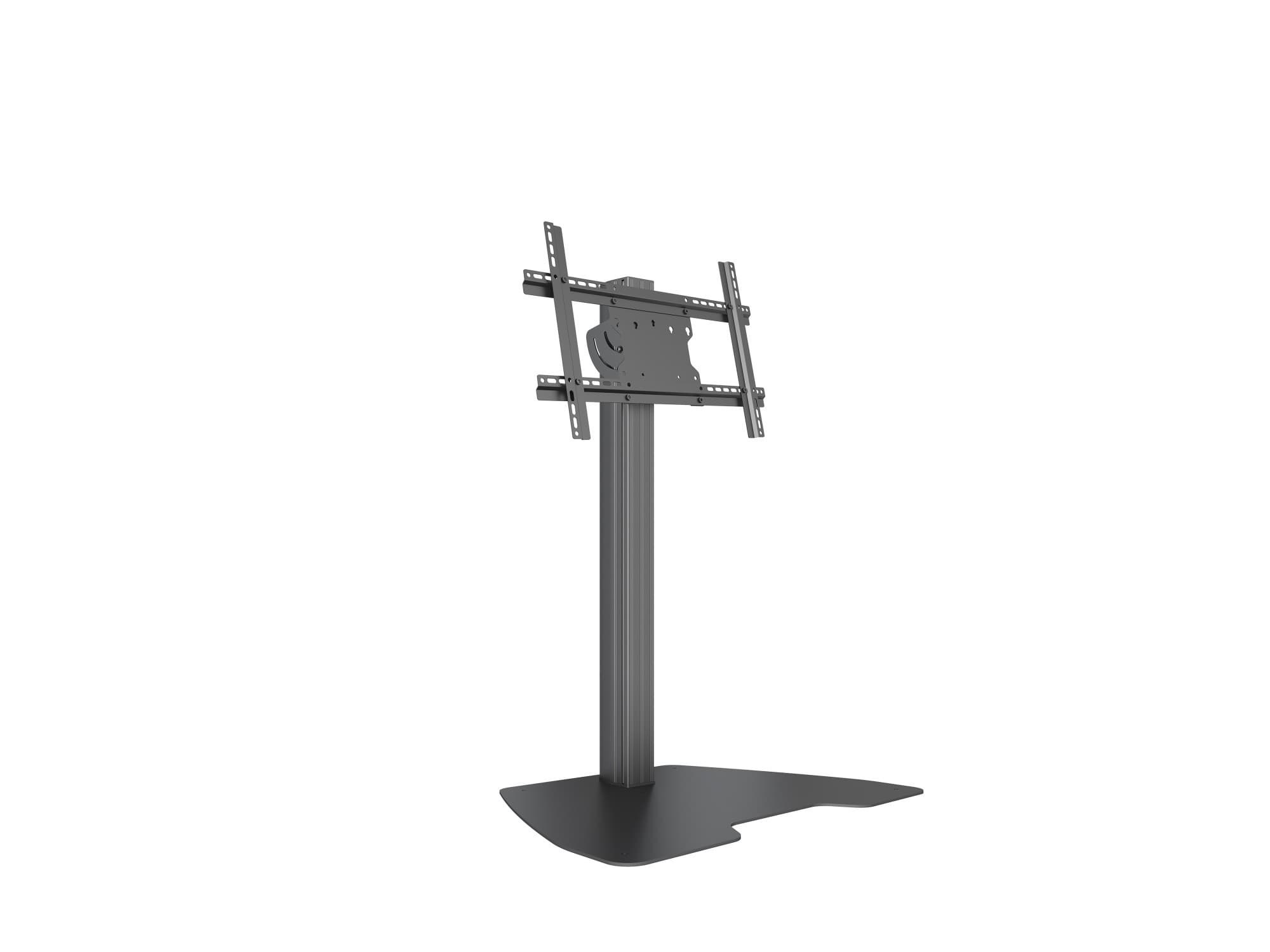 Black metal floor stand with a sturdy base and a vertical column, featuring a tiltable mount for a display, designed for versatile positioning.