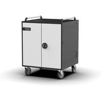 Black and white Naotic Charging Cart with two doors, handle, and four wheels for easy mobility.