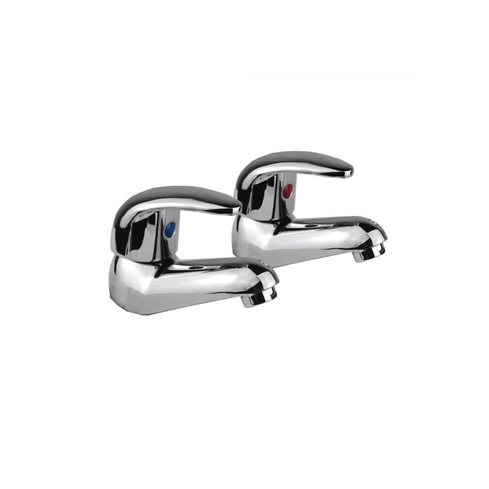 Shiny chrome basin taps with a sleek design, featuring separate hot and cold handles marked with red and blue indicators.