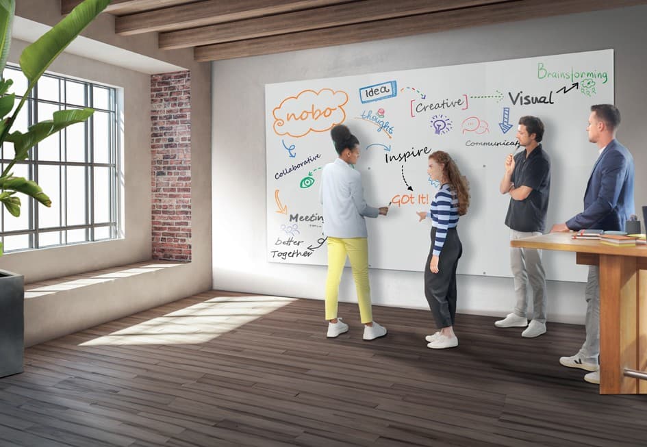 Frameless magnetic whiteboard in a bright room, featuring colorful handwritten notes and diagrams, surrounded by three people engaged in discussion, with wooden flooring and large windows.