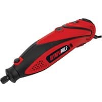 Red and black Olympia RM135 mini rotary tool with ergonomic grip and 40-piece accessory set.