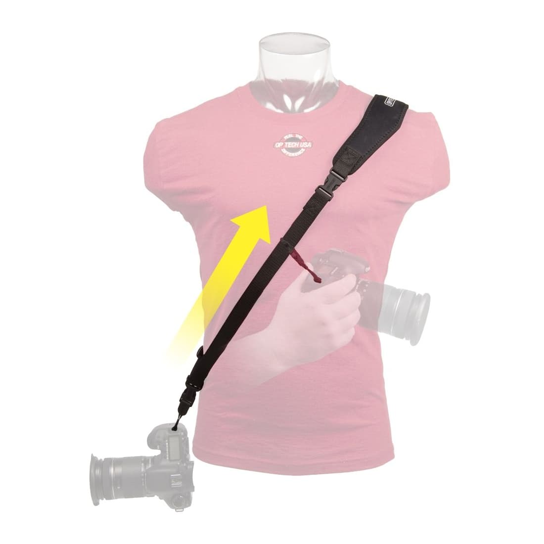 Black OpTech Utility Strap Sling features adjustable length, padded shoulder support, and a quick-release clip, designed for comfortable camera carrying.