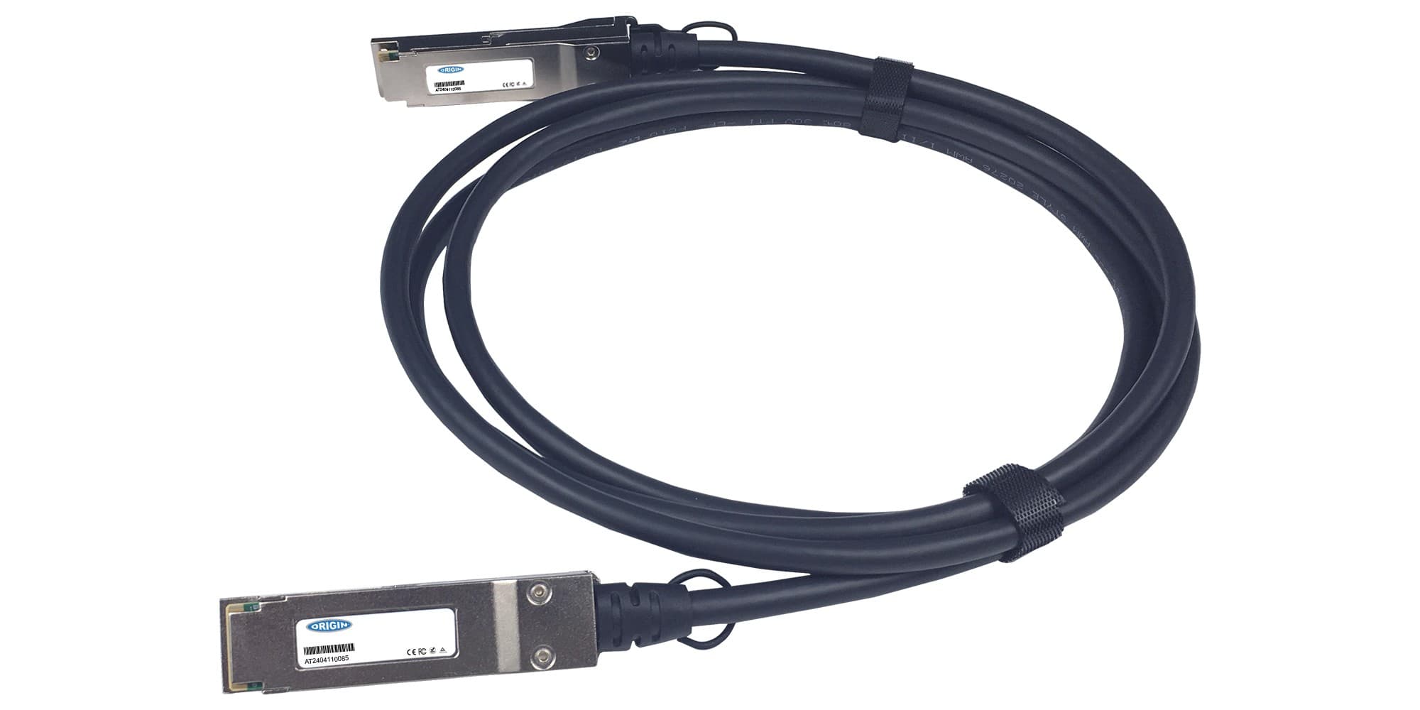Black direct attach copper cable, 0.5 meters long, featuring two metal connectors labeled with the Origin Storage logo and model details, designed for Huawei compatibility.
