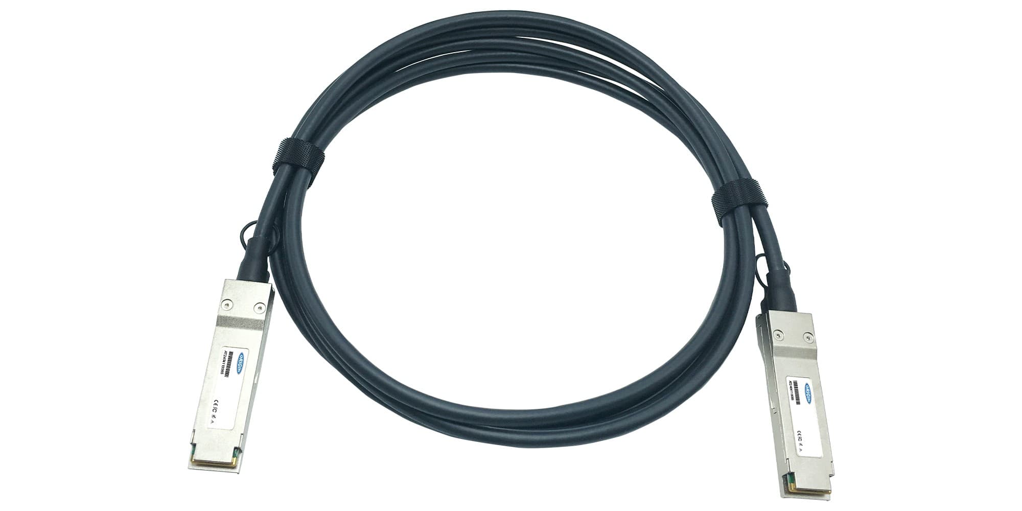 Black direct attach cable with two metal QSFP+ connectors on each end, designed for Fortinet compatibility, featuring a flexible design for easy installation.