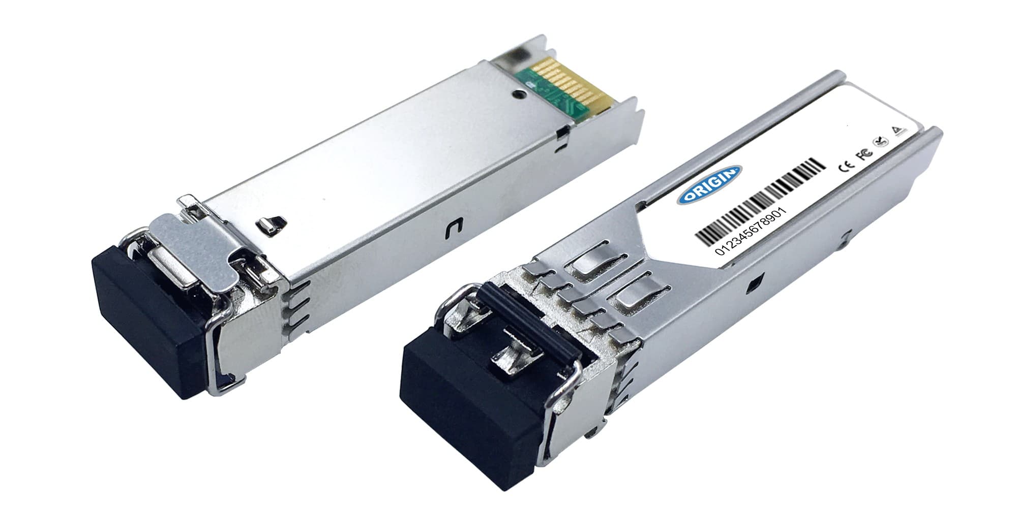 Silver metal SFP transceiver with a black connector end, featuring a gold-plated interface and labeled with "Origin" and a barcode on the side.