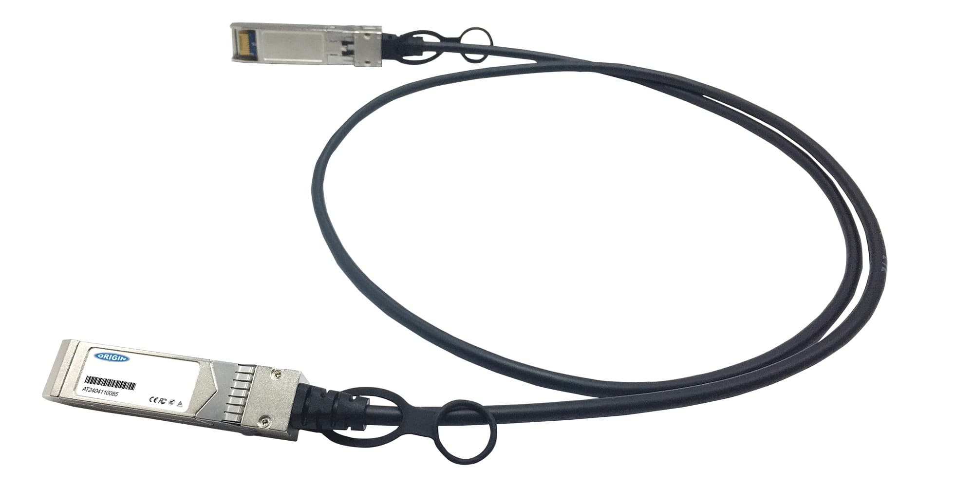 Direct attach copper cable with two metal SFP connectors, featuring a flexible black cable, designed for Huawei compatibility, labeled with a barcode and model number.