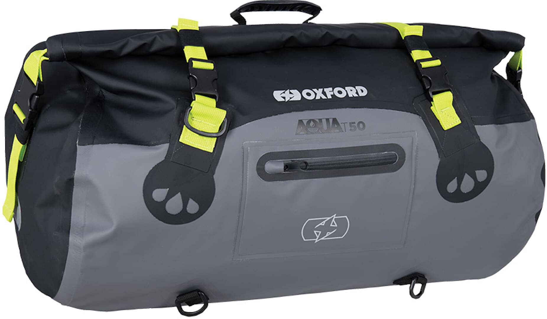 Waterproof Oxford Aqua T-50 roll bag in black, grey, and neon yellow, featuring adjustable straps, a sturdy handle, and a front zip pocket, with a capacity of 50 liters.