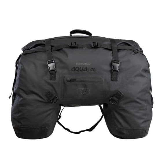Black waterproof Oxford Aqua D-70 Roll Bag with a 70L capacity, featuring adjustable straps, a front zipper pocket, and sturdy handles for easy transport.