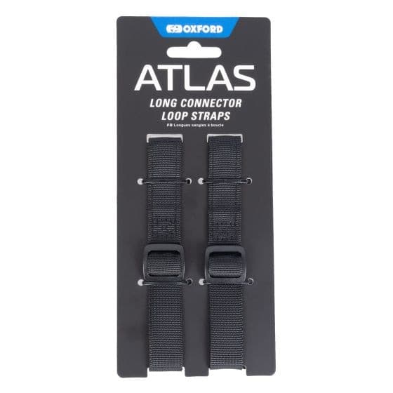 Black nylon long connector loop straps with adjustable buckles, packaged on a branded card labeled "Oxford Atlas."