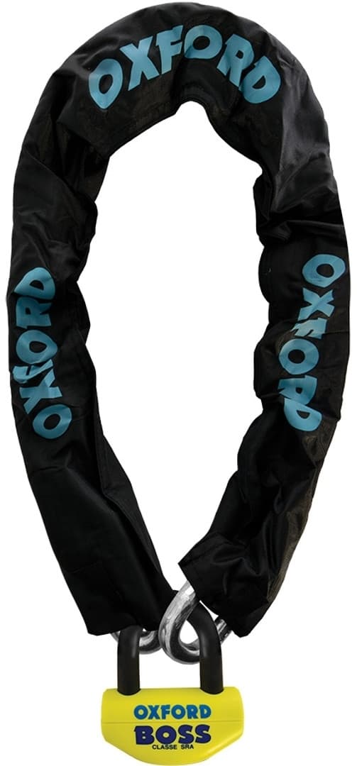 Black chain lock with a 200 cm length, featuring blue "OXFORD" branding and a yellow padlock with "BOSS" label, designed for secure locking.