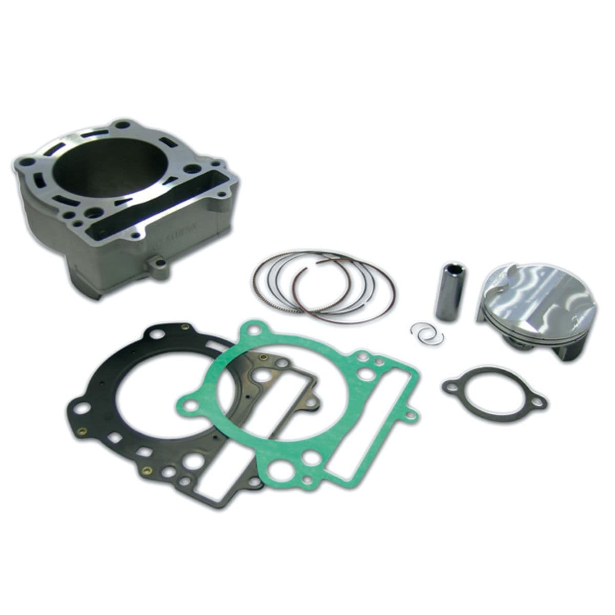 Complete cylinder kit featuring a silver aluminum cylinder, piston, gaskets in green and black, and metal rings, designed for a 76mm/250cc stock bore engine.