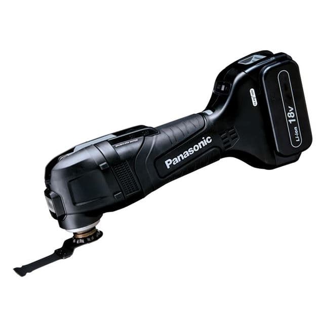 Black Panasonic EY46A5PN Brushless Multi-Tool with an 18V battery, featuring a sleek design and a cutting attachment for versatile use.