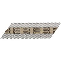 Paslode stainless steel ring shank nails with fuel cells, arranged in a strip with branded paper tape.