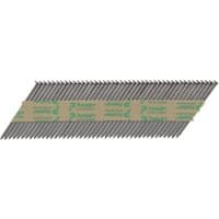 Paslode Im360Ci nails and fuel cells pack, ring shank, bright finish, arranged in angled strips with branded paper strip.