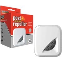 White Pest-Stop Systems pest repeller with gray vent, square design, next to red packaging box.