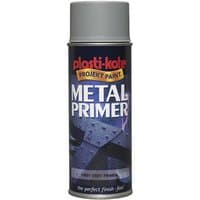 Grey PlastiKote Metal Primer Spray 400ml can with red logo and blue label featuring metal texture graphics.