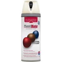 PlastiKote Twist & Spray Satin Porcelain 400ml can with white cap and colorful paint droplets on label.