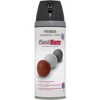 PlastiKote Twist & Spray Primer Black 400ml can with black cap and multicolored primer swatches on label.