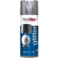 Silver PlastiKote Glitter Effect Spray can, 400ml, with blue label and glittery cap.