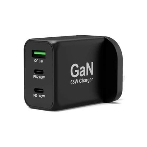 Black GaN charger with two USB-C ports and one USB-A port, labeled with "QC 3.0" and "GaN 65W Charger," designed for fast charging mobile devices.