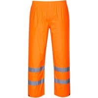 Orange Portwest Hi-Vis Rain Trousers, 3XL, with reflective silver bands on legs and elastic waistband.