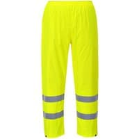 Yellow Portwest hi-vis rain trousers, XL size, with reflective silver bands on legs and elastic waistband.